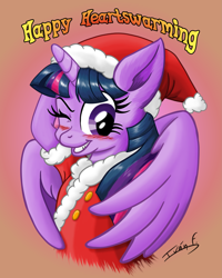 Size: 2807x3508 | Tagged: safe, artist:memprices, derpibooru import, twilight sparkle, twilight sparkle (alicorn), alicorn, pony, bust, christmas, clothes, costume, grin, heartwarming, holiday, horn, looking at you, one eye closed, santa costume, smiling, solo, wings, wink, winking at you