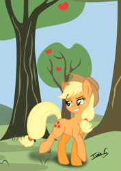 Size: 2481x3508 | Tagged: safe, artist:memprices, derpibooru import, applejack, earth pony, pony, apple, apple tree, cowboy hat, hat, smiling, smug, solo, tree, vector, walking