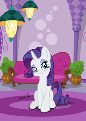 Size: 2481x3508 | Tagged: safe, artist:memprices, derpibooru import, rarity, pony, unicorn, blushing, eyeshadow, looking to side, looking to the right, makeup, sitting, smiling, sofa, solo, vector