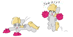 Size: 6800x3518 | Tagged: safe, artist:kittyrosie, derpibooru import, derpy hooves, pegasus, pony, :o, ^^, cheering, cheerleader, chibi, cute, derpabetes, ears, eyes closed, floppy ears, fluttering, open mouth, pom pom, simple background, swirly eyes, tripped, white background