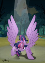 Size: 2481x3508 | Tagged: safe, artist:memprices, derpibooru import, twilight sparkle, twilight sparkle (alicorn), alicorn, pony, angry, casting a spell, comic cover, defending, everfree forest, looking at you, magic, magic aura, raised hoof, raised leg, spell, vector, wings extended