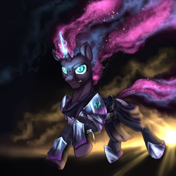Size: 3000x3000 | Tagged: safe, artist:not-ordinary-pony, derpibooru exclusive, derpibooru import, tempest shadow, unicorn, angry, crepuscular rays, ethereal mane, female, glowing, glowing eyes, mare, nightmarified, solo, storm