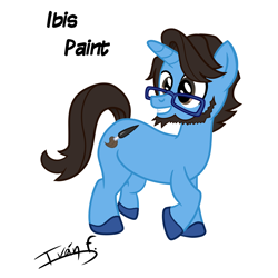 Size: 4000x4000 | Tagged: safe, artist:memprices, derpibooru import, oc, pony, unicorn, beard, blue coat, blue pony, brown mane, brush, cutie mark, facial hair, glasses, ibis paint, male, original character do not steal, short mane, simple background, stallion, stallion oc, vector, white background