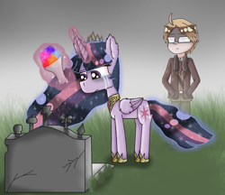 Size: 1930x1669 | Tagged: safe, artist:polishcrossoverfan, derpibooru import, twilight sparkle, twilight sparkle (alicorn), alicorn, human, pony, crossover, crown, crying, duo, flower, grave, gravestone, hetalia, human and pony, immortality blues, jewelry, magic, peytral, regalia, telekinesis, united states