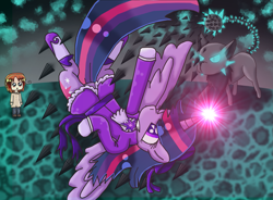 Size: 1903x1397 | Tagged: safe, artist:polishcrossoverfan, derpibooru import, twilight sparkle, twilight sparkle (alicorn), alicorn, human, semi-anthro, clothes, crossover, dodge, glowing, hetalia, italy, monster, one eye closed, spread wings, wings