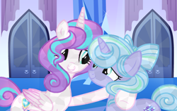 Size: 974x616 | Tagged: safe, artist:teaneey, derpibooru import, princess flurry heart, oc, alicorn, crystal pony, pony, base used, duo, female, mare, older, older flurry heart, side hug