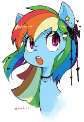 Size: 1134x1635 | Tagged: safe, artist:nendo, derpibooru import, rainbow dash, pegasus, pony, :o, alternate hairstyle, blushing, bust, cute, dashabetes, eye clipping through hair, female, jewelry, mare, open mouth, portrait, simple background, solo, white background