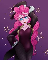 Size: 1510x1883 | Tagged: safe, artist:geraritydevillefort, derpibooru import, pinkie pie, equestria girls, clothes, fishnet pantyhose, hat, leotard, magician, open mouth