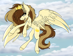 Size: 3609x2773 | Tagged: safe, artist:beamybutt, derpibooru import, oc, oc only, oc:prince whateverer, pegasus, pony, cloud, colored hooves, crown, ear fluff, ears, flying, jewelry, outdoors, pegasus oc, regalia, wings