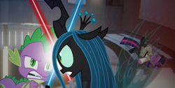 Size: 1920x967 | Tagged: safe, derpibooru import, queen chrysalis, spike, twilight sparkle, twilight sparkle (alicorn), alicorn, apprentice, cliche, darth, darth maul, death, death battle, duel of the fates, exploitable meme, hole, imminent death, jedi, jedi master, lightsaber, master, meme, obi wan kenobi, obi-wan kenobi, padawan, qui-gon jinn, stabbed, stabbing, star wars, twi-gon jinn, weapon