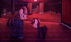 Size: 2011x1210 | Tagged: safe, artist:menalia, derpibooru import, oc, oc only, oc:faliota, oc:menalia, pony, unicorn, aesthetics, clothes, door, error, female, filly, foal, glitch, gloves, horn, mafia, mare, mother and child, mother and daughter, pants, parent and child, shoes, stairs, suit