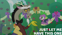 Size: 1280x720 | Tagged: safe, derpibooru import, edit, edited screencap, editor:quoterific, screencap, discord, spike, draconequus, dragon, season 9, the big mac question, spoiler:s09, flying, male, open mouth, winged spike, wings