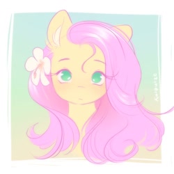 Size: 1500x1500 | Tagged: safe, artist:katputze, derpibooru import, fluttershy, pegasus, pony, bust, ear fluff, ears, eyebrows, eyebrows visible through hair, eyelashes, female, flower, flower in hair, looking at you, mare, solo, stray strand