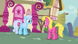 Size: 1920x1080 | Tagged: safe, derpibooru import, screencap, cherry berry, linky, shoeshine, earth pony, pony, season 3, sleepless in ponyville, background pony, butt, cherryplot, duo, female, looking at each other, looking at someone, mare, plot, ponyville