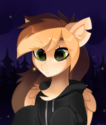 Size: 1600x1900 | Tagged: safe, alternate version, artist:zlatavector, derpibooru import, firefly, oc, oc only, oc:astra, pegasus, pony, clothes, commission, female, forest, hoodie, mare, night, solo
