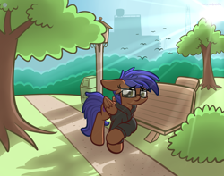 Size: 3250x2560 | Tagged: safe, artist:purpleflix, derpibooru import, oc, oc only, oc:odyssey flash, pegasus, pony, bench, bush, city, clothes, day, ears, eyelashes, floppy ears, folded wings, glasses, hoodie, outdoors, park, shading, sky, smiling, solo, sun, tree, wings