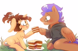 Size: 3522x2324 | Tagged: safe, artist:482egg, derpibooru import, oc, oc:kitbasher, oc:odysseyflash, pegasus, unicorn, cake, clothes, food, glasses, hoodie, looking into each others eyes, smiling