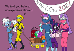 Size: 2096x1432 | Tagged: safe, artist:bugssonicx, derpibooru import, dean cadance, princess cadance, sci-twi, trixie, twilight sparkle, twilight velvet, equestria girls, alternate clothes, annoyed, bondage, brightly colored ninjas, cleave gag, cloth gag, explosives, female, gag, group, hair bun, kunoichi, mask, mother and child, mother and daughter, ninja, parent and child, ponytail, rope, sandals, security guard