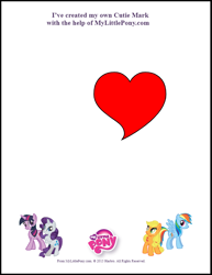 Size: 612x792 | Tagged: safe, derpibooru import, applejack, rainbow dash, rarity, twilight sparkle, unicorn twilight, earth pony, pegasus, pony, unicorn, cutie mark, female, heart, logo, mare