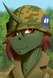 Size: 2000x2962 | Tagged: safe, artist:twotail813, derpibooru import, oc, oc only, oc:aero glade, pony, unicorn, bust, clothes, helmet, high res, horn, looking at you, military uniform, smiling, smiling at you, solo, unicorn oc, uniform