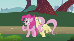 Size: 1920x1080 | Tagged: safe, derpibooru import, screencap, fluttershy, pinkie pie, earth pony, pegasus, pony, dragonshy, season 1, derp, duo, duo female, faic, female, mare, pinkie being pinkie, raised hoof, raised leg, silly, silly pony, tongue, tongue out
