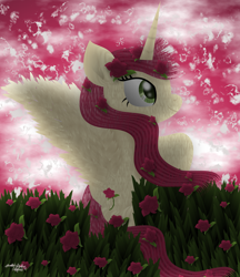 Size: 2100x2432 | Tagged: safe, artist:lincolnbrewsterfan, derpibooru exclusive, derpibooru import, roseluck, alicorn, pony, .svg available, alicornified, anastasis, ascension, beautiful, captivating, colorful, ethereal mane, ethereal tail, feather, female, flower, flower field, flower in hair, flowing hair, flowing mane, flowing tail, fur, garden, garden of delights, glowing, grass, grass field, hair, horn, inkscape, lineless, looking up, loose hair, nc-tv signature, pink, pink sky, race swap, raised hoof, raised leg, red, rose, rosecorn, royalty, shading, sky, solo, spread wings, svg, tail, vector, wings