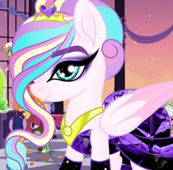 Size: 900x882 | Tagged: safe, artist:owocrystalcatowo, derpibooru import, oc, oc:crystal heart, pegasus, pony, base used, clothes, dress, offspring, parent:princess cadance, parent:shining armor, parents:shiningcadance, race swap, solo