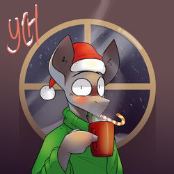 Size: 2560x2560 | Tagged: safe, artist:difis, derpibooru import, oc, anthro, auction, candy, christmas, clothes, commission, food, holiday, mug, new year, snow, solo, sweater, your character here, your character here auction