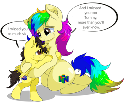 Size: 1280x1046 | Tagged: safe, artist:rainbowtashie, derpibooru import, oc, oc:rainbow tashie, oc:tommy the human, alicorn, earth pony, pony, alicorn oc, australia, child, colt, commissioner:bigonionbean, crying, cute, cutie mark, daaaaaaaaaaaw, dialogue, female, horn, hug, hugging a pony, male, mare, nintendo, nintendo 64, simple background, tears of joy, teary eyes, transparent background, wings, writer:bigonionbean