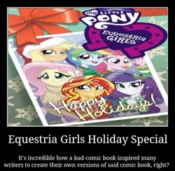 Size: 500x487 | Tagged: safe, derpibooru import, idw, applejack, fluttershy, pinkie pie, rainbow dash, rarity, sunset shimmer, human, equestria girls, spoiler:comic, spoiler:comicholiday2014, comic, motivational poster