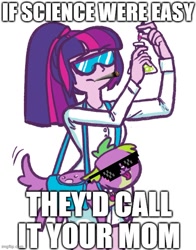 Size: 500x639 | Tagged: safe, artist:mcponyponypony, derpibooru import, editor:super trampoline, sci-twi, spike, spike the regular dog, twilight sparkle, dog, equestria girls, blunt, burn, carl sagan, clothes, dropper, erlenmeyer flask, flask, goggles, impact font, lab coat, meme, ponified, ponified meme, purse, safety goggles, science, simple background, sunglasses, white background, your mom