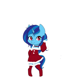 Size: 2459x2739 | Tagged: safe, artist:manta, oc, oc only, oc:sapphire soulfire, pony, undead, unicorn, vampire, bipedal, blue coat, blue mane, blue tail, christmas, clothes, cute, female, looking at you, mare, ocbetes, red eyes, simple background, smiling, smiling at you, solo, standing, stockings, transparent background