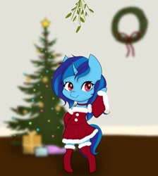 Size: 2459x2739 | Tagged: safe, alternate version, artist:manta, oc, oc only, oc:sapphire soulfire, pony, undead, unicorn, vampire, bipedal, blue coat, blue mane, blue tail, christmas, christmas tree, clothes, cute, featured image, female, gift box, looking at you, mare, mistletoe, ocbetes, red eyes, simple background, smiling, smiling at you, solo, standing, stockings, wreath