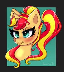 Size: 1320x1484 | Tagged: safe, artist:confetticakez, derpibooru import, sunset shimmer, pony, unicorn, alternate hairstyle, blushing, bust, ponytail, scrunchy face, solo