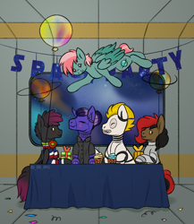 Size: 1300x1500 | Tagged: safe, artist:buy_some_apples, derpibooru import, oc, oc only, bat pony, pegasus, pony, robot, robot pony, unicorn, android, balloon, bat pony oc, cupcake, cute, food, gift art, gift box, happy birthday, horn, pegasus oc, space, spaceship, unicorn oc