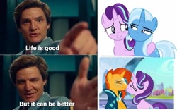 Size: 700x438 | Tagged: safe, derpibooru import, starlight glimmer, sunburst, trixie, pony, unicorn, female, lesbian, life is good but it can be better, male, maxwell lord, meme, op is a cuck, shipping, starburst, startrix, straight, wonder woman 1984