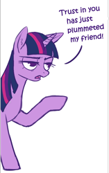 Size: 698x1108 | Tagged: artist needed, source needed, safe, derpibooru import, twilight sparkle, unicorn twilight, pony, unicorn, azumanga daioh, dialogue, raised hoof, raised leg, reaction image, reference, solo, twilight is not amused, unamused