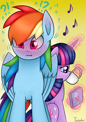 Size: 2480x3507 | Tagged: safe, artist:twidasher, derpibooru import, rainbow dash, twilight sparkle, unicorn twilight, pegasus, pony, unicorn, blushing, blushing wings, book, chest fluff, cup, drinking, ear blush, female, gradient background, lesbian, magic, music notes, question mark, shipping, signature, simple background, twidash, yellow background