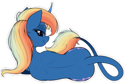 Size: 1093x727 | Tagged: safe, artist:suspega, derpibooru exclusive, derpibooru import, oc, oc only, oc:cobalt mist, pony, unicorn, bedroom eyes, both cutie marks, eyeshadow, female, horn, leonine tail, long tail, looking at you, looking back, looking back at you, lying down, makeup, multicolored hair, on side, rainbow hair, rear view, simple background, smiling, solo, tail mouth, transparent background, unicorn oc, white outline