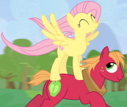Size: 1545x1303 | Tagged: safe, artist:anarchemitis, derpibooru import, big macintosh, fluttershy, earth pony, pegasus, pony, cropped, female, fluttermac, fluttershy riding big macintosh, male, ponies riding ponies, riding, running, shipping, spread wings, straight, windswept mane, wings