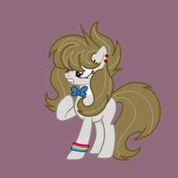 Size: 1378x1378 | Tagged: safe, artist:circuspaparazzi5678, derpibooru import, oc, oc:fionna melody, earth pony, pony, base used, bowtie, ear piercing, earring, jewelry, offspring, pansexual, pansexual pride flag, parent:bulk biceps, parent:octavia melody, parents:bulktavia, piercing, pride, pride flag, purple background, simple background, solo