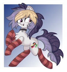 Size: 1432x1536 | Tagged: safe, artist:stargrid, derpibooru import, oc, oc only, oc:liquorice sweet, earth pony, pony, clothes, female, mare, socks, solo, striped socks