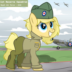 Size: 3500x3500 | Tagged: safe, artist:pizzamovies, derpibooru import, oc, oc only, oc:marie ace, earth pony, pony, series:ponies on the front, aircraft, britain, british, clothes, female, mare, royal air force, smiling, solo, supermarine spitfire, uniform, world war ii