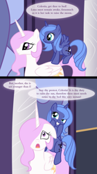 Size: 914x1628 | Tagged: safe, artist:kumkrum, derpibooru import, princess celestia, princess luna, alicorn, pony, comic, cute, cutelestia, ears, female, filly, floppy ears, foal, frown, grin, hair over one eye, looking up, luna riding celestia, lunabetes, open mouth, origins, pink-mane celestia, ponies riding ponies, riding, siblings, sisters, smiling, spread wings, squee, wide eyes, wings, woona, younger
