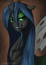 Size: 2480x3508 | Tagged: safe, artist:nire, derpibooru import, queen chrysalis, changeling, changeling queen, bedroom eyes, bust, evil grin, eyelashes, eyeshadow, fangs, female, green eyeshadow, green lipstick, grin, horn, insect wings, lidded eyes, lipstick, looking, looking at you, makeup, portrait, signature, smiling, smiling at you, smug, solo, wings