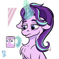 Size: 2000x2000 | Tagged: safe, artist:phaserarts, derpibooru import, starlight glimmer, pony, unicorn, :i, chest fluff, eyebrows, glowing horn, horn, i mean i see, mug, solo, tired