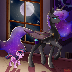 Size: 2000x2000 | Tagged: safe, artist:zuckergelee, derpibooru import, nightmare moon, twilight sparkle, unicorn twilight, alicorn, pony, unicorn, alternate timeline, bat wings, bedroom eyes, cutie mark, digital art, duo, female, filly, filly twilight sparkle, happy, hooves, horn, indoors, looking at each other, mare, moon, nicemare moon, night, nightmare takeover timeline, open mouth, raised hoof, raised leg, spread wings, tail, walking, window, wings, younger