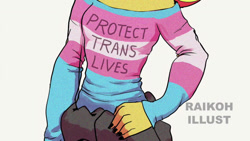 Size: 1192x670 | Tagged: safe, artist:raikoh, derpibooru import, sunset shimmer, equestria girls, clothes, hand on hip, lgbt, mouthpiece, pride, pride flag, sweater, trans flag, trans rights, transgender pride flag