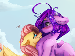 Size: 3500x2647 | Tagged: safe, artist:miokomata, derpibooru import, fluttershy, oc, oc:dazzling talents, alicorn, pegasus, pony, alicorn oc, blushing, canon x oc, ears, eye contact, female, floppy ears, freckles, freckleshy, horn, lesbian, looking at each other, mare, shipping, wings