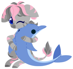 Size: 4000x3812 | Tagged: safe, artist:belka-sempai, derpibooru import, oc, oc:celaje, dolphin, zebra, commission, cute, hug, plushie, simple background, transparent background, ych result, zebra oc